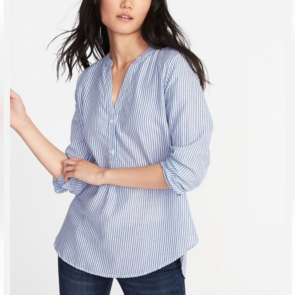 OLD NAVY Relaxed‎ Lightweight Popover Cotton Stripe Size XS Petite V-Neck Henley